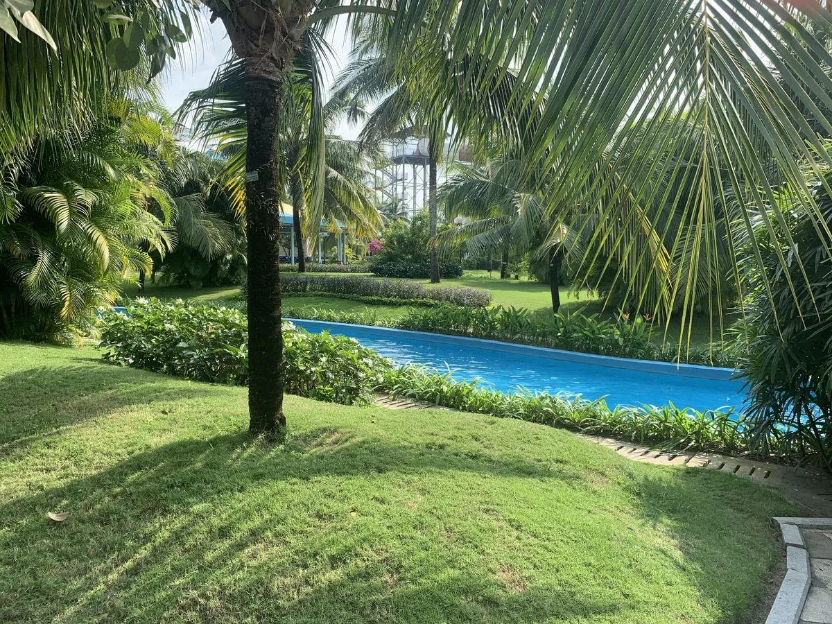 Hồ bơi dài uốn lượn qua khu vườn nhiệt đới rợp bóng cây dừa tại khu nghỉ dưỡng ở Phú Quốc.